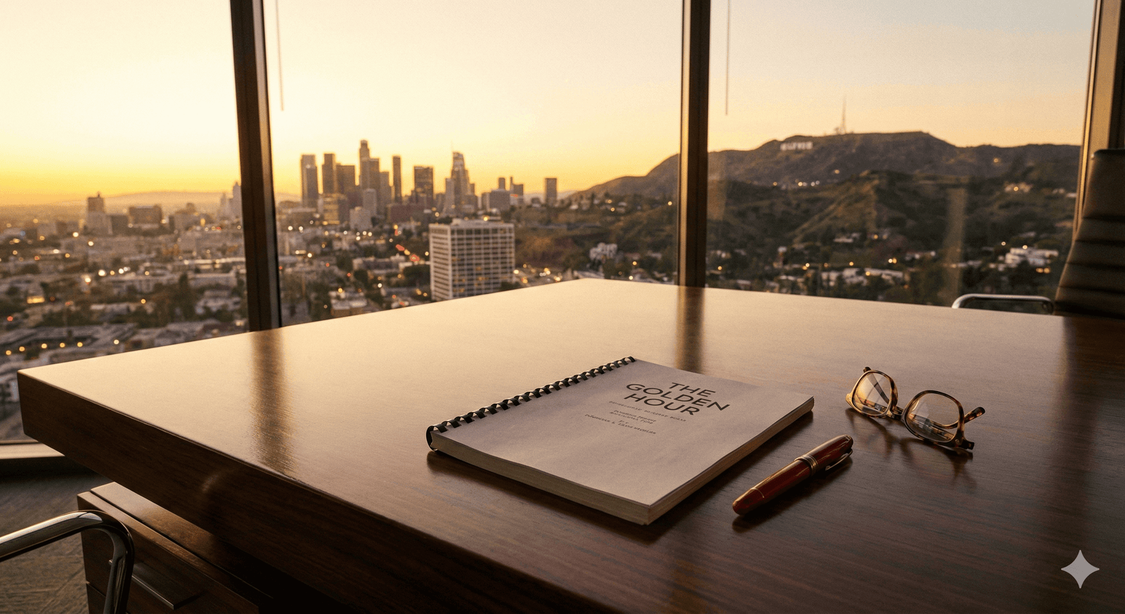 Producer desk Hollywood skyline