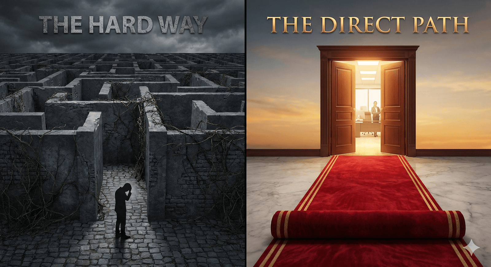The hard way (maze) vs the direct path (red carpet) to success